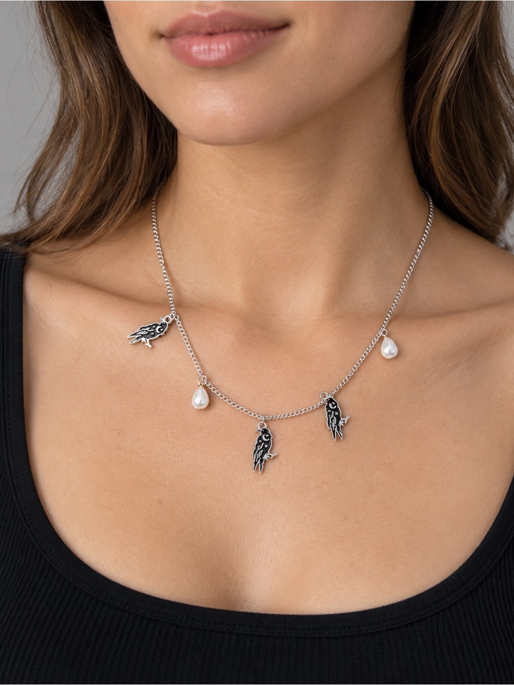 “The Omen” | Silver Charm Necklace with Black Bird Charms and White Pearl Drops